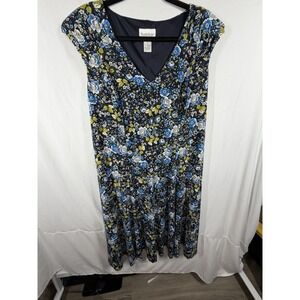 NorthStyle Blue Floral V-Neck Midi Dress Size 18W Sleeveless Fit & Flare Knit